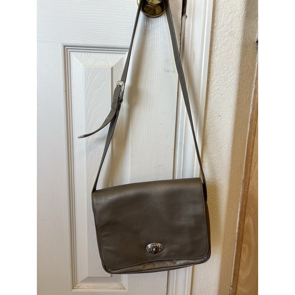 Vintage FOSSIL Crossbody Bag Cognac Grey Leather Flap Purse Turnkey Y2K - Picture 1 of 12